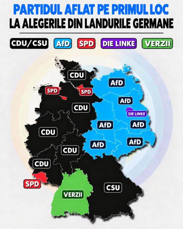 The illustration above was created with the help of artificial intelligence, based on an image posted on Facebook by Walter McHenry. He noted that while the AfD is the leading party in all five German states that formerly constituted the DDR, the situation differs in the former FRG, where the AfD does not hold the top spot in any state.